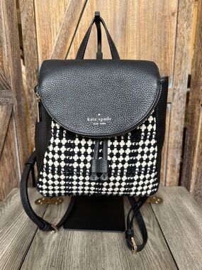 kate spade Black and White Tweed Backpack with Pebbled Leather